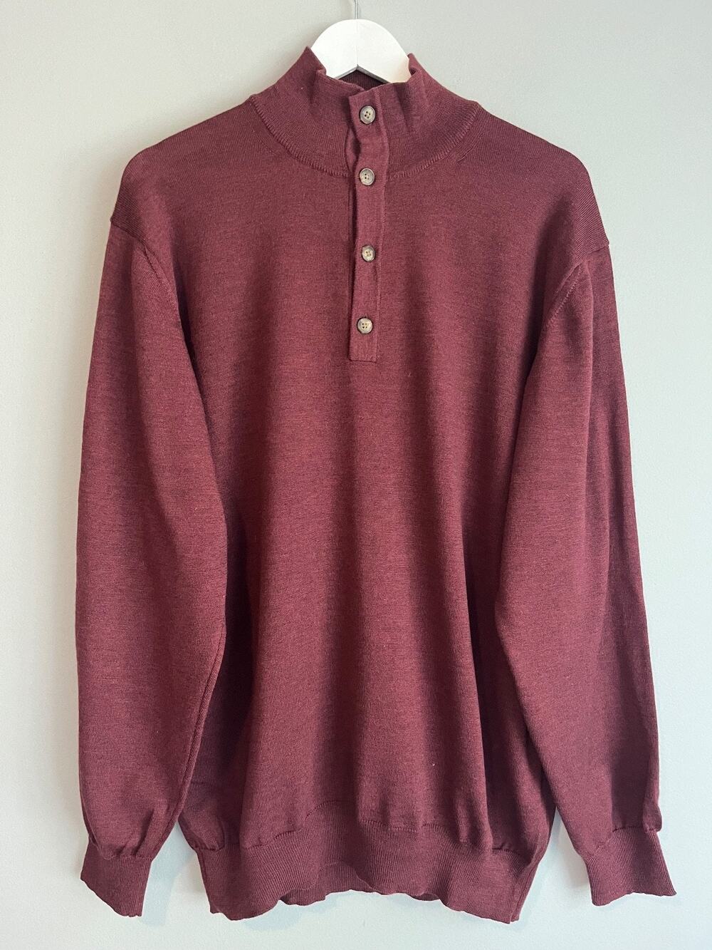 Paul Fredrick Men's 100% Merino Wool Button Mock Neck Sweater Burgundy XXLT